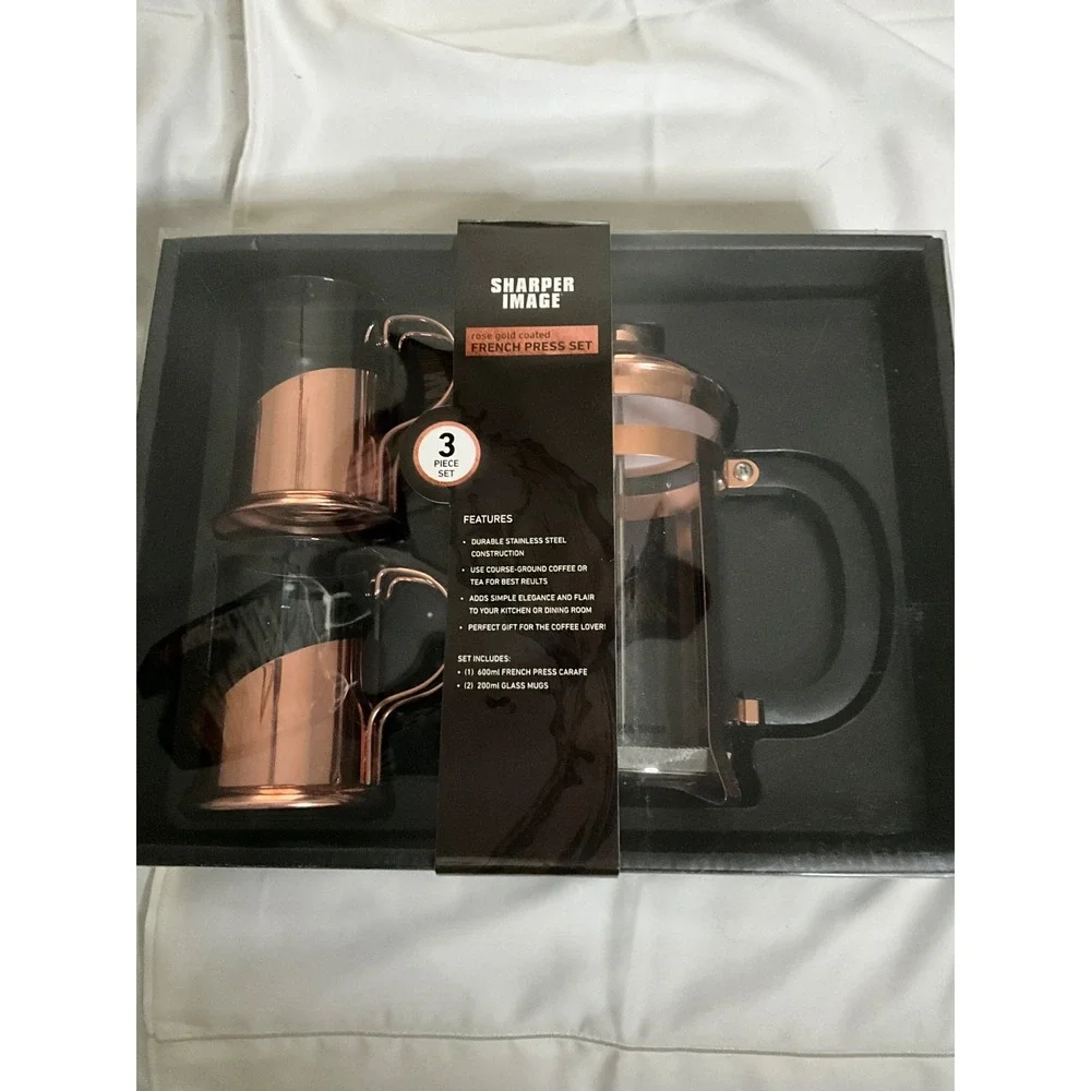 Sharper Image 3 Pc French Press Set Rose Gold Carafe 2 Mugs 600ml 18SG2015R